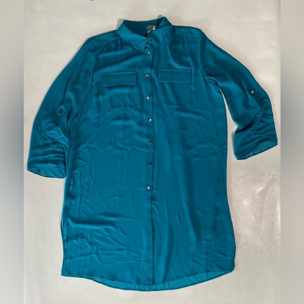 NEW Size Petite S Investments Roll up Sleeve Button Front Long Blouse Lagoon $79